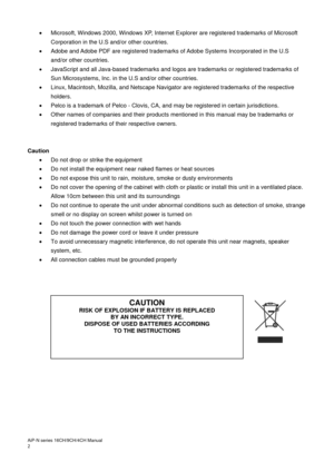 Page 3AiP
-N series  16CH/9 CH/4 CH Manual                                                                                                                                                                                               
2   
Microsoft, Windows 2000, Windows XP, Internet Explorer  are registered trademarks  of Microsoft 
Corporation in the U.S and/or other countries.  

  Adobe and Adobe PDF are registered trademarks of Adobe Systems Incorporated in the U.S 
and/or other countries.  
...