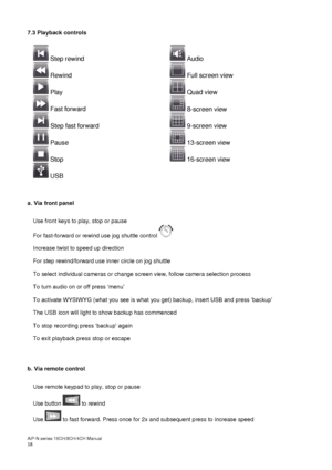 Page 19AiP
-N series  16CH/9 CH/4 CH Manual                                                                                                                                                                                               
18  
7.3 Playback controls  
 
 
Step rewind    
Rewind    
Play    
Fast forward    
Step fast forward   
Pause    
Stop    
USB   
Audio   
Full screen view    
Quad view    
8 -screen view    
9 -screen view    
13- screen view    
16- screen view  
 
 
a. Via front panel...