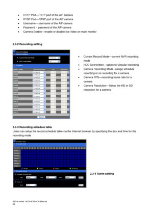 Page 61AiP
-N series  16CH/9 CH/4 CH Manual                                                                                                                                                                                               
60     HTTP Port
—HTTP port of the AiP camera 

  RTSP Port —RTSP port of the AiP camera 

  Username  – username of the AiP camera 

  Password  – password of the AiP camera 

  Camera Enable —enable or disable live video on main monitor 
 
 
2.3-2  Recording setting 
 
 
...