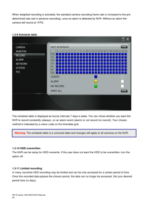 Page 46AiP
-N series  16CH/9 CH/4 CH Manual                                                                                                                                                                                               
45  
When weighted recording is activated, the standard camera recording frame rate is increased to the pre-
determined rate (set in advance recording), once an alarm is detected by NVR. Without an alarm the 
camera will record at 1FPS. 
 
 
1.3-9 Schedule table 
 
 
The schedule...