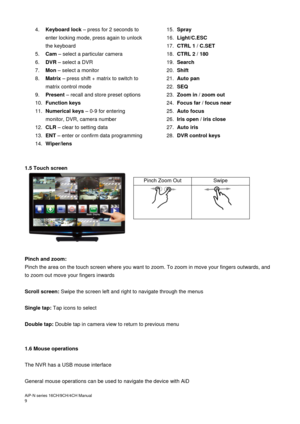 Page 10AiP
-N series  16CH/9 CH/4 CH Manual                                                                                                                                                                                               
9  4.
  Keyboard lock  – press for 2 seconds to 
enter locking mode, press again to unlock 
the keyboard 
5.   Cam  –  select a particular camera  
6.   DVR  –  select a DVR  
7.   Mon  –  select a monitor 
8.   Matrix  –  press shift + matrix to switch to 
matrix control mode 
9....