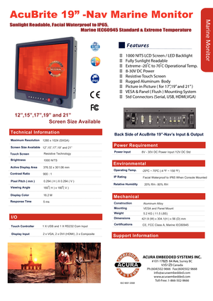Page 1Technical Information
I/O
Maximum Resolution
Touch Screen
Brightness
1280 x 1024 (SXGA)
           Resistive Technology
           1000 NITS
Touch Controller         1 X USB and 1 X RS232 Com Input
Power Requirement
Power Input8V - 30V DC Power Input /12V DC Std
Mechanical
Construction
Mounting
Weight
Dimensions
Aluminum Alloy
VESA and Panel Mount 
5.2 KG ( 11.5 LBS)
421.9 (W) x 304.1(H ) x 56 (D) mm
Support Information
 AcuBrite 19” -Nav Marine Monitor
                     Sunlight Readable, Facial...