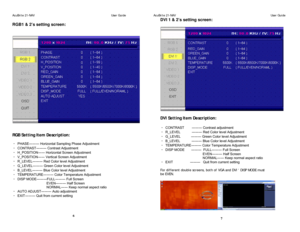 Page 4AcuBrite 21-NAV                                                                                    User Guide                              AcuBrite 21-NAV                                                                                                        User Guide  
RGB1 & 2’s setting screen:  
       
 
 
 
RGB Setting Item Description:  
・ PHASE――― Horizontal Sampling Phase Adjustment  
・ CONTRAST ――― Contrast Adjustment  
・ H_POSITION ―― Horizontal Screen Adjustment  
・ V_POSITION ―― Vertical...