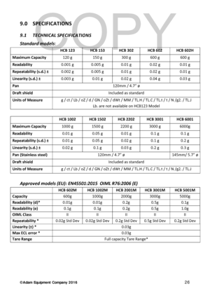 Page 26© Adam Equipment  Company 2 0 1 6   26 
9.0  SPECIFICATIONS 
9.1  TECHNICAL
 SPECIFICATIONS  
Standard models : 
 HCB 123 HCB 153 HCB 302 HCB 602 HCB 602H 
Maximum Capacity 120 g 150 g 300 g 600 g 600 g 
Readability 0.001 g 0.005 g 0.01 g 0.02 g 0.01 g 
Repeatability (s.d.) ± 0.002 g 0.005 g 0.01 g 0.02 g 0.01 g 
Linearity (s.d.) ± 0.003 g 0.01 g 0.02 g 0.04 g 0.03 g 
Pan 120mm / 4.7