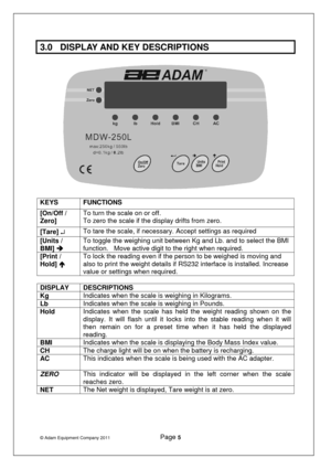 Page 6© Adam Equipment Company 2011              Page 5   
3.0  DISPLAY AND KEY DESCRIPTIONS 
 
 
  
KEYS  FUNCTIONS 
[On/Off /  
Zero]  To turn the scale on or off. 
To zero the scale if the display drifts from zero. 
[Tare] 
¿
¿¿
¿
  To tare the scale, if necessary. Accept settings as
 required 
[Units /  
BMI] 


  To toggle the weighing unit between Kg and Lb. and 
to select the BMI 
function.   Move active digit to the right when req uired. 
[Print /  
Hold] 


  To lock the reading even if the person to...