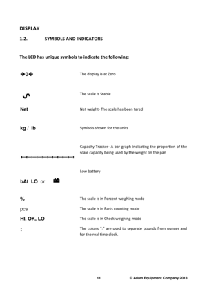 Page 13 
11                              © Adam Equipment Company 2013 
DISPLAY 
1.2.  SYMBOLS AND INDICATORS 
  
The LCD has unique symbols to indicate the following : 
 
0  
 The display is at Zero 
 
The scale is Stable 
Net Net weight- The scale has been tared   
kg  /  lb  Symbols shown for the units    
 
 
Capacity  Tracker-  A  bar  graph  indicating  the  propor tion  of  the 
scale capacity being used by the weight on the pan   
  
bAt  LO   or 
 
Low battery    
% The scale is in Percent weighing...