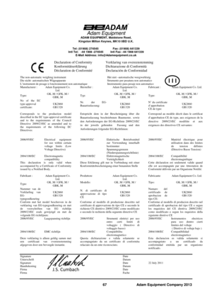 Page 6967  Adam Equipment Company 2013 
Adam Equipment  
 ADAM EQUIPMENT, Maidstone Road, 
Kingston Milton Keynes, MK10 0BD U.K. 

Tel: (01908) 274545        Fax: (01908) 641339 
Intl Tel:   -44 1908 -274545   Intl Fax: -44 1908 641339 
E-Mail Address: info@Adamequipment.co.uk 
D eclaration of Conformity   Verklaring van overeenstemming 
Konformitätserklärung   Dichiarazione di Conformità 
Déclaration de Conformité   Declaración de Conformidad 
The non-automatic weighing instrument          Het niet...