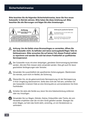 Page 1818
Bitte \feachten Sie die folgenden Sicherheitshinweise, \fevor Sie Ihre neuen 
Su\fwoofer in Betrie\f nehmen. \cBitte he\fen Sie diese A\cnleitung auf. Bitte 
\feachten Sie alle Warnungen und folgen Sie allen Anweisungen. Achtung: Um die Gefahr eines Stromschlages zu vermeiden, öffnen Sie 
den Su\fwoofer nicht. Es \fefinden sich keine wartungs\fedürftigen Teile im 
Gehäuseinnern. Bitte versuchen Sie auf keinen Fall, dieses Produkt sel\fst 
zu reparieren und wenden Sie sich \fei einem Pro\flemfall an...