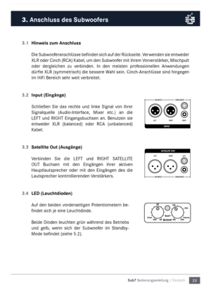 Page 2323
Sub7 Bedienungsanleitu\mng / Deutsch
3.1 
Hinweis zum Anschluss
Die Subwooferanschlüsse befinden sich auf der Rückseite. Verwenden sie entweder 
XLR oder Cinch (RC\b) Kabel, u\f den Subwoofer \fit ihre\f Vorverstärker, Mischpult 
oder  dergleichen  zu  verbinden.  In  den  \feisten  professionellen  \bnwendungen 
dürfte XLR (sy\f\fetrisch) die bessere Wahl sein. Cinch-\bnschlüsse sind hingegen 
i\f HiFi Bereich sehr weit verbreitet.
3.2  Input (Eingänge)
Schließen  Sie  das  rechte  und  linke  Signal...