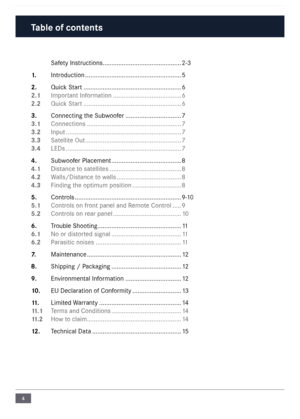 Page 44
Ta\fle of contents
 
Safety Instructions ..................\n..................\n......... 2-3
1.   Introduction  ..................\n..................\n..................\n. 5
2.  Quick Start   ..................\n..................\n..................\n.. 6
2.1  I\fportant Infor\fation   ..................\n..................\n... 6
2.2  Quick Start   ..................\n..................\n..................\n.. 6
3.  Connecting the Subwoofer   ..................\n.............. 7
3.1  Connections...