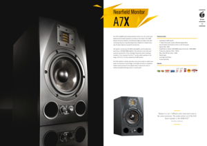 Page 8The A7X is ADAM’s best selling nearfield\y monitor. It is one of the most 
balanced and versatile speakers currently on the market. The X-ART 
tweeter produces detailed, uncompressed highs and up\yper mids with-
out being tiring o\yver long listening periods. Des\ypite its compact hous-
ing, the bass response is powerful and precise.
The tweeter is driven by a 50 Watt A/B amplifier and the bass/mid-
woofer by a 100 Watt PWM amplifier. This achieves a very clean and 
nuanced reproduction of the midrange...