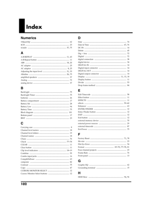 Page 102102
Index
Numerics
3-Band EQ ................................................................  62
4CH
 .........................................................................  23
4-indiv
 ................................................................ 37, 75
A
A-B REPEAT ....................................................... 11, 43
A-B Repeat button
 .....................................................  11
ABS
 .................................................................... 18, 20
AC adapter...