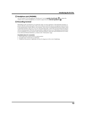 Page 1515
Introducing the R-4 Pro
Headphone jack [PHONES]
You can connect a set of headphones with this jack. Use the monitor level knob () to adjust the 
volume. If you connect headphones, no sound is output from the internal speakers ().
Grounding terminal
927Depending on the circumstances of a particular setup, you may experience a discomforting sensation, or 
perceive that the surface feels gritty to the touch when you touch this device, microphones connected to it, 
or the metal portions of other objects,...