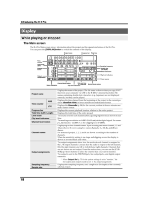 Page 1818
Introducing the R-4 Pro
The Main screen
The R-4 Pro Main screen shows information about the project and the operational status of the R-4 Pro.
You can press the [DISPLAY] button to switch the contents of the display.
fig.play-disp.eps
Display
While playing or stopped
Project name
Displays the name of the project. The file name is shown when you copy WAV 
files from your computer via USB to the R-4 Pro’s internal hard disk. File 
names containing double-byte characters (e.g., Japanese) are not...