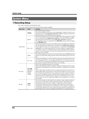 Page 7272
System setup
The values in boldface are the default values.
* You cannot make Recording Setup settings during recording or playback.
System Menu
1 Recording Setup
Menu itemValueFunction
Input Select
Analog
This selects the type of input. 
Choose this setting if you want to record analog input. Connect your mic or an-
alog audio device to the XLR input connectors. With this setting, any input from 
the internal mics or the digital input jack is ignored.
Digital
Choose this setting if you want to record...