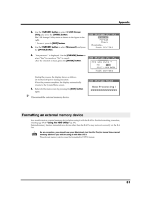 Page 8181
Appendix
fig.usb-unmo.eps
2.Use the [CURSOR] button to select 10 USB Storage 
Utility, and press the [ENTER] button.
The USB Storage Utility starts as shown in the figure to the 
right.
* To cancel, press the [EXIT] button.
3.Use the [CURSOR] button to select [Unmount], and press 
the [ENTER] button.
fig.usb-yes.eps
4.“Are you sure?” is displayed. Use the [CURSOR] button to 
select “Yes” to execute or “No” to cancel.
Once the selection is made, press the [ENTER] button.
fig.usb-Now.epsDuring the...