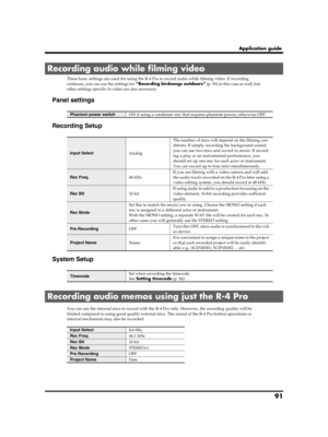 Page 9191
Application guide
These basic settings are used for using the R-4 Pro to record audio while filming video. If recording 
outdoors, you can use the settings for “Recording birdsongs outdoors” (p. 90) in this case as well, but 
other settings specific to video are also necessary.
Panel settings
Recording Setup
System Setup
You can use the internal mics to record with the R-4 Pro only. However, the recording quality will be 
limited compared to using good quality external mics. The sound of the R-4 Pro...