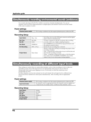 Page 9292
Application guide
You can take advantage of the R-4 Pro’s ability to record four channels simultaneously. You can use 
channels 1 and 2 to record a stage performance via digital inputs, and channels 3 and 4 to record the sounds 
of the room or audience via mics.
Panel settings
Recording Setup
These settings are useful when you cannot afford mistakes, such as when recording an event or other non-
repeatable occasion. Even if the input levels are set appropriately, there may be cases in which an...