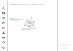 Page 1818Mute Call
A few words on microphone behavior and privacy
The Mute button has an LED indicating whether the microphone 
is transmitting or muted. 
The microphone will transmit only when the green LED is illuminated! 
D1458221 User Guide Cisco TelePresence
Profile Series, Codec C-series, Quick Set C20 
SX20 Quick Set, MX200, MX300
Produced: December 2014 for TC7.3
All contents 