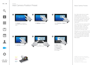 Page 4545
Add Camera Position Preset
Tap Camera, as outlined, to 
invoke the camera adjustment 
menu.Adjust Tilt, Pan
 and Zoom, as 
required.
Tap Selfview to activate it.
Tap Add New, as outlined. Key in  
a descriptive name.
Tap Save  to leave 
the menu putting  changes into effect, 
or tap Cancel to  leave menu undoing 
any changes.
Pan
Tilt
Zoom
About Camera Presets
Your video system lets you create  predefined zoom and camera 
pointing directions (also known as 
pan and tilt). Use these to zoom into 
the...
