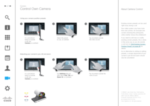 Page 4747Camera
Control Own Camera
Existing camera presets can be used right away during a call. 
Your video system may have more  than one camera, for example one 
camera showing the participants, 
while another shows the whiteboard.
If you need to add new or modify 
existing camera presets, this is done  in the same way as you do outside 
a call—turn to “Edit Existing Camera  Position Preset” on page 46 for 
details.
As an alternative to adding or editing  presets, a simple adjustment of your 
camera’s pan...