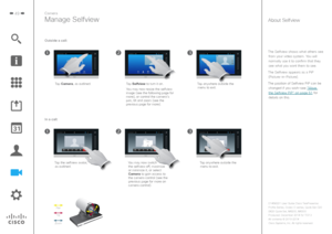 Page 4949
The Selfview shows what others see from your video system. You will normally use it to confirm that they see what you want them to see.
The Selfview appears as a PiP  (Picture-in-Picture).
The position of Selfview PiP can be  changed if you wish—see “Move 
the Selfview PiP” on page 51 for 
details on this. 
Camera
Manage SelfviewAbout Selfview
Tap Camera, as outlined. Tap Selfview to turn it on. 
You may now resize the selfview 
image (see the following page for 
more), or control the camera’s 
pan,...