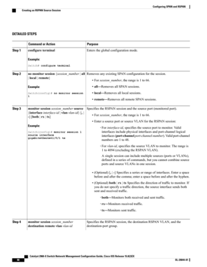 Page 96DETAILED STEPS
PurposeCommand or Action
Enterstheglobalconfigurationmode.configureterminal
Example:
Switch#configureterminal
Step 1
RemovesanyexistingSPANconfigurationforthesession.nomonitorsession{session_number|all
|local|remote}
Step 2
•Forsession_number,therangeis1to66.
Example:
Switch(config)#nomonitorsession1
•all—RemovesallSPANsessions.
•local—Removesalllocalsessions.
•remote—RemovesallremoteSPANsessions.
SpecifiestheRSPANsessionandthesourceport(monitoredport).monitorsessionsession_numbersource...