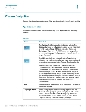 Page 12Getting Started
Window Navigation
Cisco Small Business SG200 Series 8-port Smart Switch12
1
 
Window Navigation
This section describes the features of the web-based switch configuration utility.
Application Header
The Application Header is displayed on every page. It provides the following 
buttons:
Buttons
Name Description
The Syslog Alert Status button (red circle with an X) is 
displayed when a new Syslog message, above the critical 
severity level, is logged. Click to open the Status and 
Statistics...