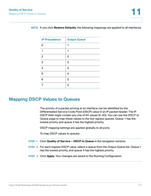 Page 171Quality of Service
Mapping DSCP Values to Queues
Cisco Small Business SG200 Series 8-port Smart Switch 171
11
 
NOTEIf you click Restore Defaults, the following mappings are applied to all interfaces.
Mapping DSCP Values to Queues
The priority of a packet arriving at an interface can be identified by the 
Differentiated Service Code Point (DSCP) value in an IP packet header. The IP 
DSCP field might contain any one of 64 values (0–63). You can use the DSCP to 
Queue page to map these values to the four...