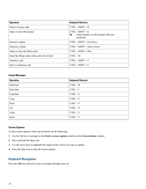 Page 22Keyboard ShortcutOperation
CTRL+SHIFT+HHoldorresumecalls
CTRL+SHIFT+K
Enternumbersonthekeypadwithyour
keyboard.
Tip
Openorclosethekeypad
CTRL+SHIFT+UpArrowIncreasevolume
CTRL+SHIFT+DownArrowDecreasevolume
CTRL+SHIFT+PlusOpenorclosetheMoremenu
CTRL+MOpentheMergemenuwhencallsareonhold
CTRL+SHIFT+TTransferacall
CTRL+SHIFT+CStartaconferencecall
Instant Messages
Keyboard ShortcutOperation
CTRL+BBoldfont
CTRL+IItalicfont
CTRL+UUnderline
CTRL+CCopy
CTRL+VPaste
CTRL+XCut
CTRL+ZUndo
CTRL+YRedo
Screen Captures...