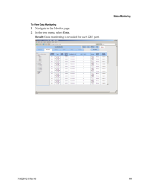 Page 135 
 
 Status Monitoring 
 
78-4025112-01 Rev H0 111 
 
 
To View Data Monitoring 
1 Navigate to the Monitor page. 
2 In the tree menu, select Data. 
Result: Data monitoring is revealed for each GbE port. 
  