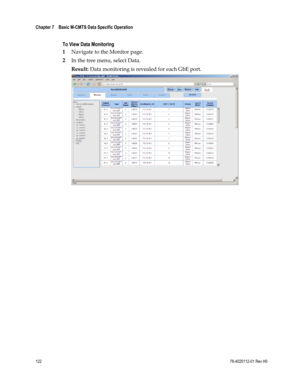 Page 146 
Chapter 7    Basic M-CMTS Data Specific Operation  
 
 
122 78-4025112-01 Rev H0 
 
To View Data Monitoring 
1 Navigate to the Monitor page. 
2 In the tree menu, select Data. 
Result: Data monitoring is revealed for each GbE port. 
  