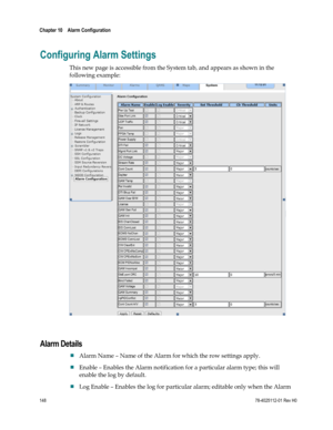 Page 172 
Chapter 10    Alarm Configuration  
 
 
148 78-4025112-01 Rev H0 
Configuring Alarm Settings 
This new page is accessible from the System tab, and appears as shown in the 
following example: 
 
  
Alarm Details 
 Alarm Name – Name of the Alarm for which the row settings apply.  
 Enable – Enables the Alarm notification for a particular alarm type; this will 
enable the log by default.  
 Log Enable – Enables the log for particular alarm; editable only when the Alarm  