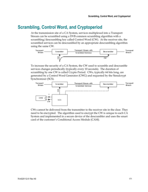 Page 195 
 
 Scrambling, Control Word, and Cryptoperiod 
 
78-4025112-01 Rev H0 171 
 
Scrambling, Control Word, and Cryptoperiod 
At the transmission site of a CA System, services multiplexed into a Transport 
Stream can be scrambled using a DVB common scrambling algorithm with a 
scrambling/descrambling key called Control Word (CW).  At the receiver site, the 
scrambled services can be descrambled by an appropriate descrambling algorithm 
using the same CW. 
 
To increase the security of a CA System, the CW...