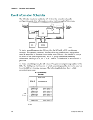 Page 198 
Chapter 13    Encryption and Scrambling  
 
 
174 78-4025112-01 Rev H0 
Event Information Scheduler 
The EIS is the functional unit in the CA System that holds the schedule, 
configuration, and other information required for the complete CA system. 
 
To start a scrambling event, the EIS provides the SCS with a SCG provisioning 
message.  The message contains a list of services and/or elementary streams that 
must be scrambled at the same time with the same CW and a list with ECM groups 
for which ECMs...