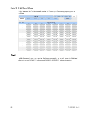 Page 252 
Chapter 15    96 QAM Channel Software  
 
 
228 78-4025112-01 Rev H0 
Fully licensed 96 QAM channels on the RF Gateway-1 Summary page appear as 
follows: 
  
Revert 
A RF Gateway 1 user can exercise the Revert capability to switch from the 96-QAM 
channel aware V03.00.XX release to V01.03.XX, V02.02.XX release branches. 
  