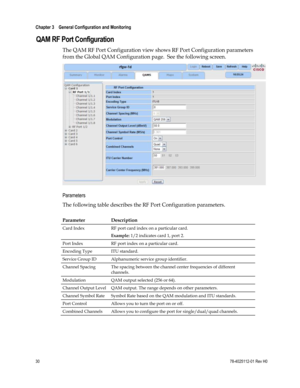 Page 54 
Chapter 3    General Configuration and Monitoring  
 
 
30 78-4025112-01 Rev H0 
QAM RF Port Configuration 
The QAM RF Port Configuration view shows RF Port Configuration parameters 
from the Global QAM Configuration page.  See the following screen. 
 
Parameters 
The following table describes the RF Port Configuration parameters.  
Parameter Description 
Card Index 
 
RF port card index on a particular card.  
Example: 1/2 indicates card 1, port 2. 
Port Index RF port index on a particular card....