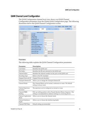 Page 57 
 
 QAM Card Configuration 
 
78-4025112-01 Rev H0 33 
 
QAM Channel Level Configuration 
The QAM Configuration channel level view shows you QAM Channel 
Configuration parameters from the Global QAM Configuration page. The following 
illustration shows the QAM Channel Configuration screen.  
 
Parameters 
The following table explains the QAM Channel Configuration parameters. 
Parameter Description 
Card Index Identifies the QAM card. 
Port Index Identifies the RF port selected for the QAM card. 
Channel...