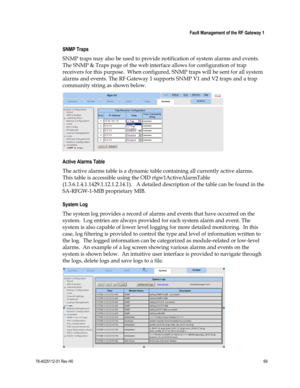 Page 93 
 
 Fault Management of the RF Gateway 1 
 
78-4025112-01 Rev H0 69 
 
SNMP Traps 
SNMP traps may also be used to provide notification of system alarms and events.  
The SNMP & Traps page of the web interface allows for configuration of trap 
receivers for this purpose.  When configured, SNMP traps will be sent for all system 
alarms and events. The RF Gateway 1 supports SNMP V1 and V2 traps and a trap 
community string as shown below. 
 
Active Alarms Table 
The active alarms table is a dynamic table...