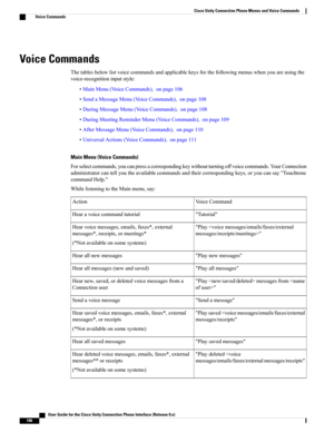 Page 114Voice Commands
Thetablesbelowlistvoicecommandsandapplicablekeysforthefollowingmenuswhenyouareusingthe
voice-recognitioninputstyle:
•MainMenu(VoiceCommands),onpage106
•SendaMessageMenu(VoiceCommands),onpage108
•DuringMessageMenu(VoiceCommands),onpage108
•DuringMeetingReminderMenu(VoiceCommands),onpage109
•AfterMessageMenu(VoiceCommands),onpage110
•UniversalActions(VoiceCommands),onpage111
Main Menu (Voice Commands)...