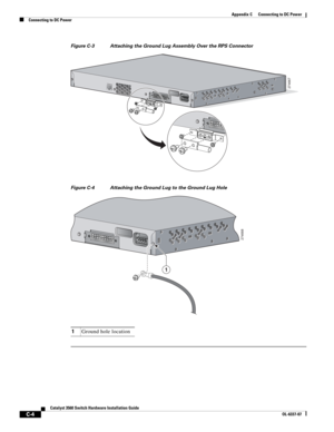 Page 104 
C-4
Catalyst 3560 Switch Hardware Installation Guide
OL-6337-07
Appendix C      Connecting to DC Power
Connecting to DC Power
Figure C-3 Attaching the Ground Lug Assembly Over the RPS Connector
Figure C-4 Attaching the Ground Lug to the Ground Lug Hole
274667CONSOLE
1Ground hole location
274668
1 