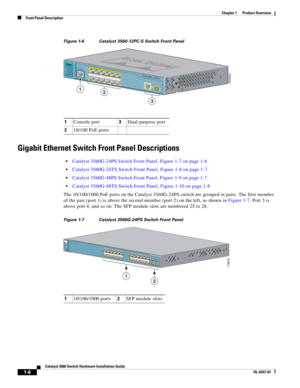 Page 16 
1-6
Catalyst 3560 Switch Hardware Installation Guide
OL-6337-07
Chapter 1      Product Overview
Front Panel Description
Figure 1-6 Catalyst 3560-12PC-S Switch Front Panel
Gigabit Ethernet Switch Front Panel Descriptions
Catalyst 3560G-24PS Switch Front Panel, Figure 1-7 on page 1-6
Catalyst 3560G-24TS Switch Front Panel, Figure 1-8 on page 1-7
Catalyst 3560G-48PS Switch Front Panel, Figure 1-9 on page 1-7
Catalyst 3560G-48TS Switch Front Panel, Figure 1-10 on page 1-8
The 10/100/1000 PoE ports on the...