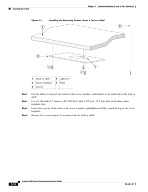 Page 66 
3-10
Catalyst 3560 Switch Hardware Installation Guide
OL-6337-07
Chapter 3      Switch Installation (8- and 12-Port Switches)
Installing the Switch
Figure 3-3 Installing the Mounting Screws Under a Desk or Shelf           
Step 3Peel the adhesive strip off the bottom of the screw template, and attach it to the underside of the desk or 
shelf.
Step 4Use a 0.144-inch (3.7 mm) or a #27 drill bit to drill a 1/2 inch (12.7 mm) hole in the three screw 
template slots.
Step 5Insert three screws in the slots...