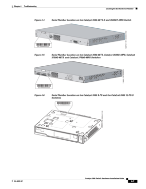 Page 83 
4-7
Catalyst 3560 Switch Hardware Installation Guide
OL-6337-07
Chapter 4      Troubleshooting
Locating the Switch Serial Number
Figure 4-4 Serial Number Location on the Catalyst 3560-48TS-S and 3560V2-48TS Switch
Figure 4-5 Serial Number Location on the Catalyst 3560-48TS, Catalyst 3560G-48PS, Catalyst 
3750G-48TS, and Catalyst 3750G-48PS Switches
Figure 4-6 Serial Number Location on the Catalyst 3560 8-PS and the Catalyst 3560 12-PS-S 
Switches
CONSOLE
126757, 781-00303-01A0SN: XXXNNNNXXXX
CONSOLED...