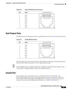 Page 95 
B-3
Catalyst 3560 Switch Hardware Installation Guide
OL-6337-07
Appendix B      Connector and Cable Specifications
Connector Specifications
Figure B-4 Copper SFP Module RJ-45 Connector
Dual-Purpose Ports
The Ethernet port on a dual-purpose port uses standard RJ-45 connectors. Figure B-5 shows the pinouts.
Figure B-5 10/100/1000 Port Pinouts
The SFP module slot on a dual-purpose port uses SFP modules for fiber-optic and copper uplink ports. 
See the Catalyst 3560 release notes for a list of supported...