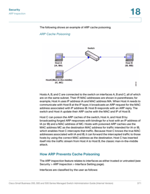 Page 408Security
ARP Inspection
Cisco Small Business 200, 300 and 500 Series Managed Switch Administration Guide (Internal Version)  371
18
 
The following shows an example of ARP cache poisoning.
ARP Cache Poisoning
Hosts A, B, and C are connected to the switch on interfaces A, B and C, all of which 
are on the same subnet. Their IP, MAC addresses are shown in parentheses; for 
example, Host A uses IP address IA and MAC address MA. When Host A needs to 
communicate with Host B at the IP layer, it broadcasts an...