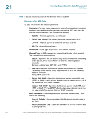Page 478Security: Secure Sensitive Data Management
SSD Rules
440 Cisco Small Business 200, 300 and 500 Series Managed Switch Administration Guide (Internal Version) 
21
NOTEA device may not support all the channels defined by SSD.
Elements of an SSD Rule
An SSD rule includes the following elements: 
•User type—The user types supported in order of most preference to least 
preference are as follows: (If a user matches multiple SSD rules, the rule 
with the most preference User Type will be applied).
-Specific—The...