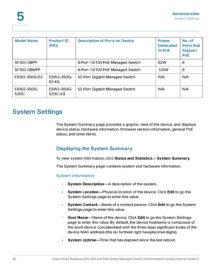 Page 71Administration
System Settings
60 Cisco Small Business 200, 300 and 500 Series Managed Switch Administration Guide (Internal Version) 
5
System Settings
The System Summary page provides a graphic view of the device, and displays 
device status, hardware information, firmware version information, general PoE 
status, and other items.
Displaying the System Summary
To view system information, click Status and Statistics > System Summary.
The System Summary page contains system and hardware information....