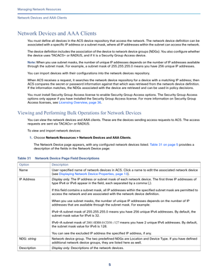 Page 1115   
Managing Network Resources
Network Devices and AAA Clients
Network Devices and AAA Clients
You must define all devices in the ACS device repository that access the network. The network device definition can be 
associated with a specific IP address or a subnet mask, where all IP addresses within the subnet can access the network. 
The device definition includes the association of the device to network device groups (NDGs). You also configure whether 
the device uses TACACS+ or RADIUS, and if it is a...