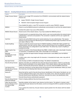 Page 11812
Managing Network Resources
 
Network Devices and AAA Clients
Single Connect Device Check to use a single TCP connection for all TACACS+ communication with the network device. 
Choose one:
Legacy TACACS+ Single Connect Support 
TACACS+ Draft Compliant Single Connect Support 
If you disable this option, a new TCP connection is used for every TACACS+ request. 
RADIUS Check to use the RADIUS protocol to authenticate communication to and from the network device.
Uncheck this option if you use an IPv6...